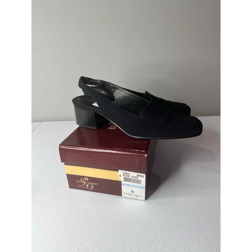Vtg Etienne Aigner Sling back Loafer Heels Black Size 9 With Box - Picture 1 of 11